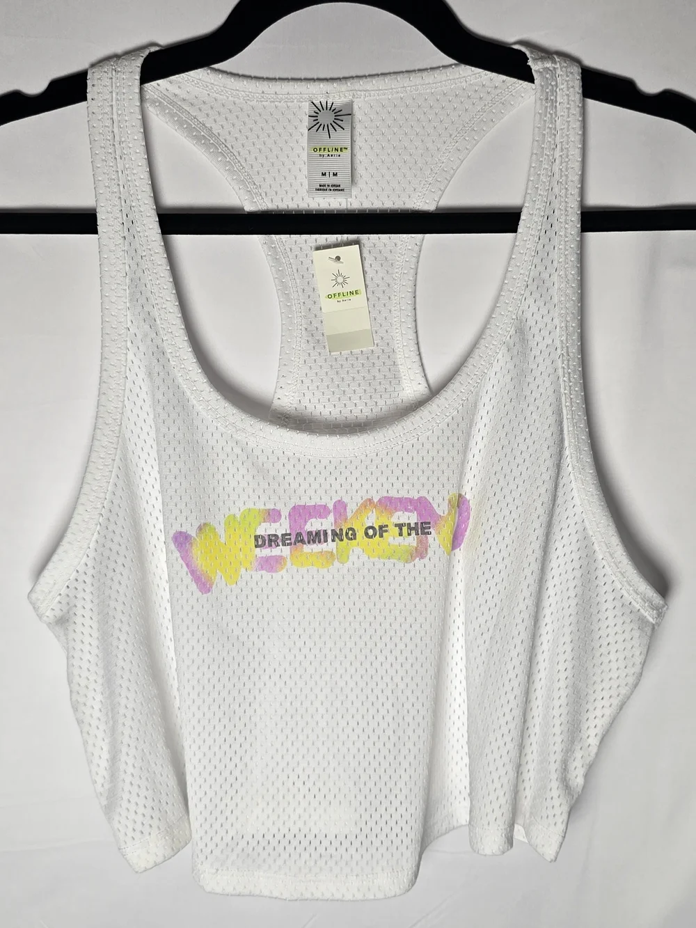 NWT OFFLINE White Mesh Racerback Crop Tank with Yellow & Pink Graphic Weekend, M - Picture 1 of 7